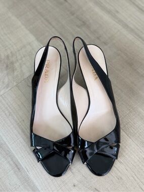 Prada Black Patent Leather Peep-Toe Slingback Heels